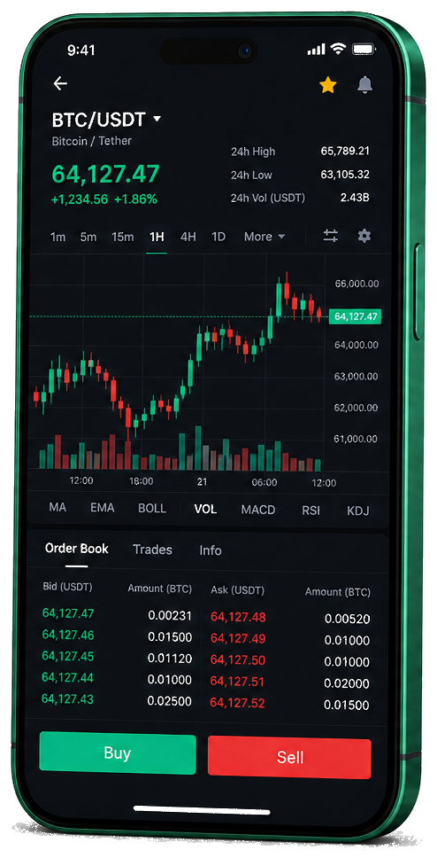 Interface mobile de trading Frugacelle — cours BTC/USDT en direct, carnet d’ordres et outils de surveillance des opérations